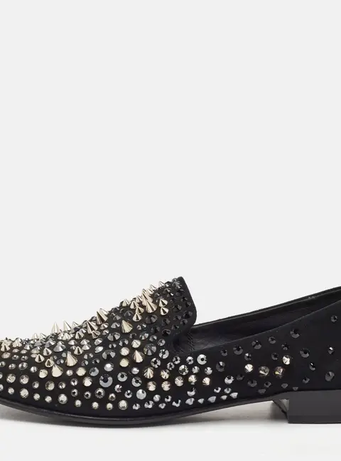 Giuseppe Zanotti Size 44 Black Suede Crystal Embellished Smoking Slippers