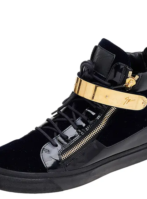 Giuseppe Zanotti Navy Blue/Black Velvet and Leather Coby High Top Sneakers Size 43