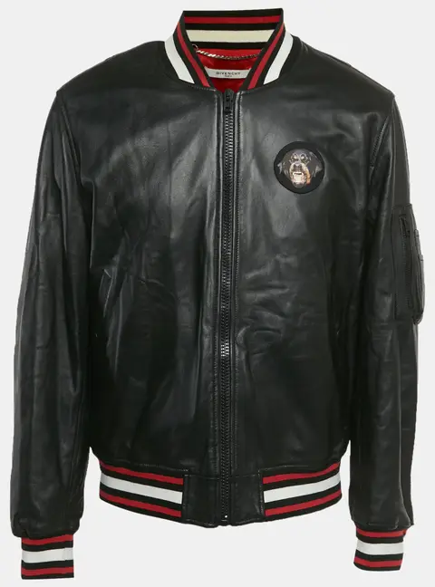 Givenchy Black Leather Rottweiler Patch Bomber Jacket 3XL