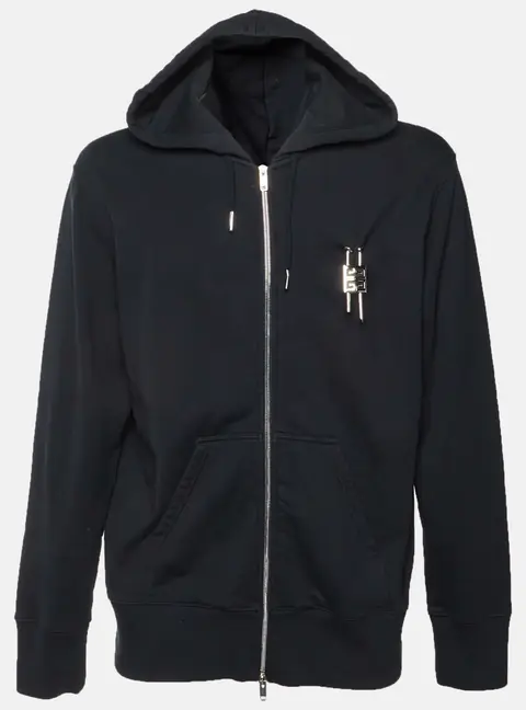 Givenchy Black Cotton Jersey Padlock Detail Zip Up Hoodie L