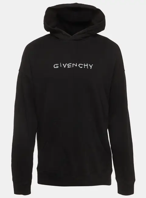 Givenchy Black Logo Embroidered Distressed Cotton Knit Hoodie XL