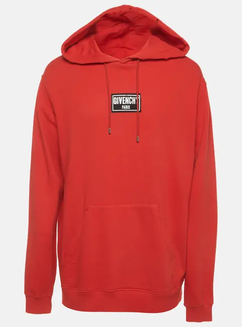 Givenchy Red Logo Patch Distressed Cotton Knit Hoodie XXL