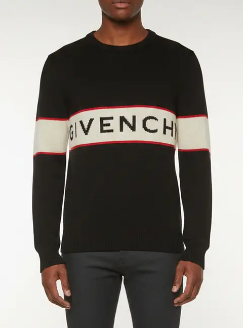 Givenchy Black Striped Logo Intarsia Wool Knit Sweater M