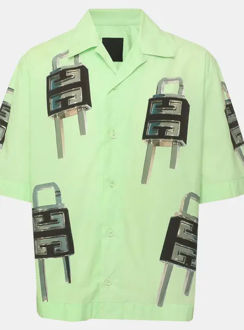 Givenchy Green 4G Lock Graphic Poplin Hawaiian Short Sleeve Boxy Fit Shirt M