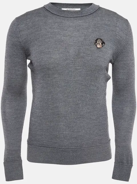 Givenchy Grey Embroidered Wool Knit Sweatshirt XS