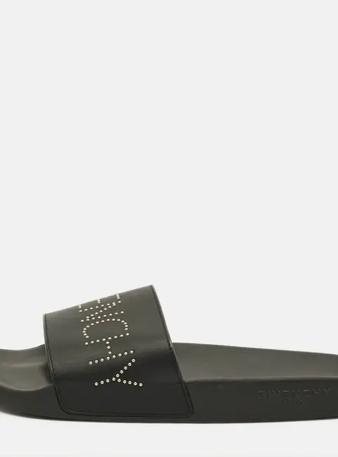 Givenchy Size 45 Black Leather Logo Flat Sandals
