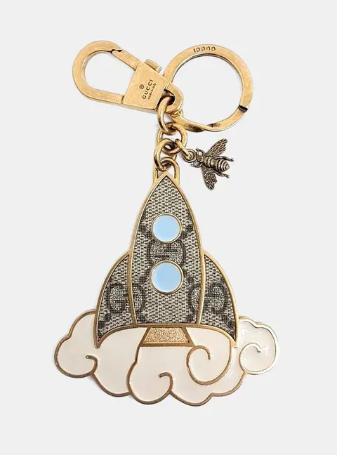 Gucci GG Supreme Rocket Gold Tone Metal Canvas Men's Keychain