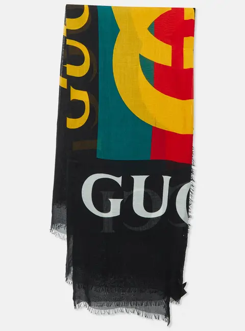 Gucci Black Logo Print Silk Scarf