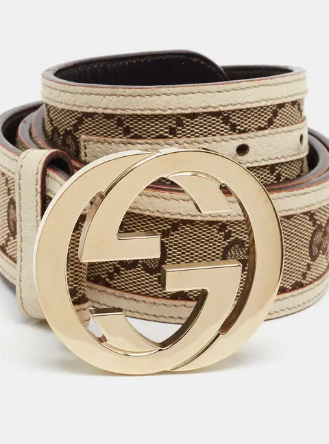 Gucci Interlocking G 85 CM Buckle Belt Beige/White GG Canvas and Leather