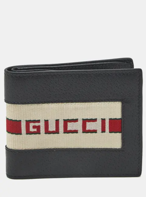 Gucci Logo Web Black Leather Bifold Wallet