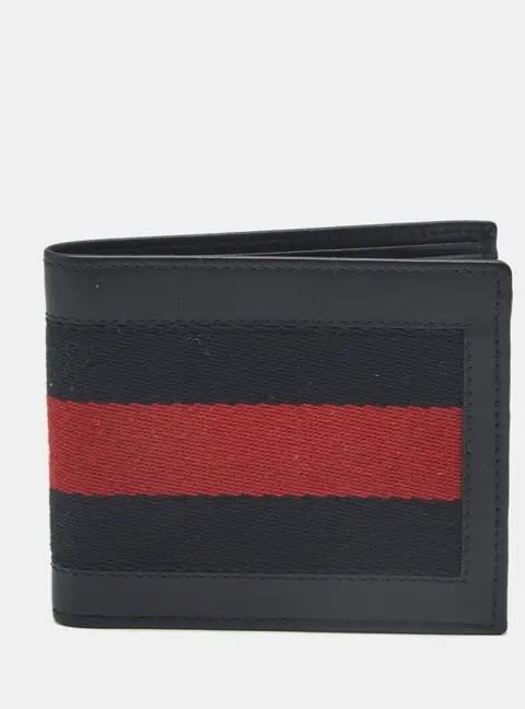 Gucci Web Navy Blue Canvas and Leather Bifold Wallet