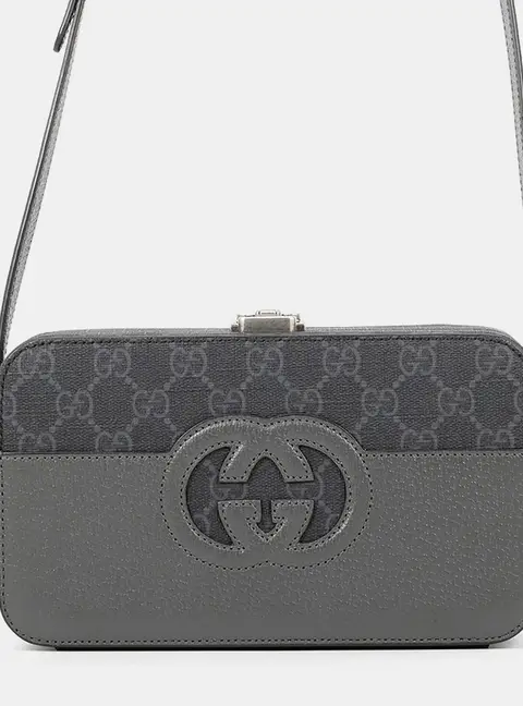 Gucci Cutout Interlocking G Shoulder Bag Gray/Black Gg Supreme Leather