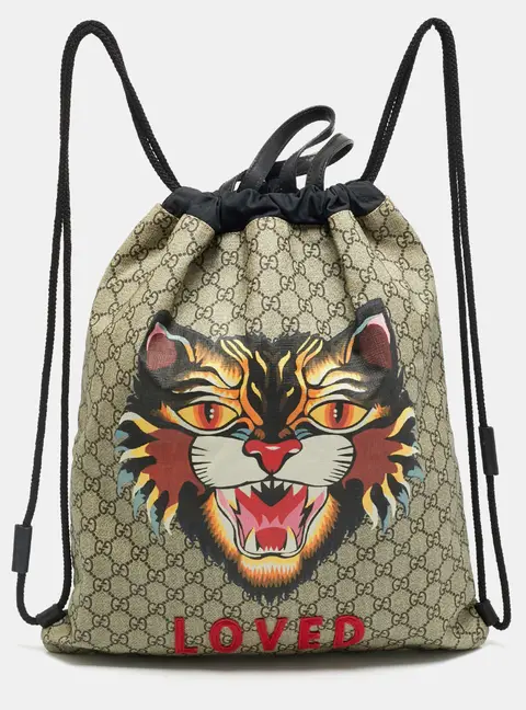Gucci Angry Cat Beige/Black GG Supreme Canvas and Fabric Drawstring Backpacks