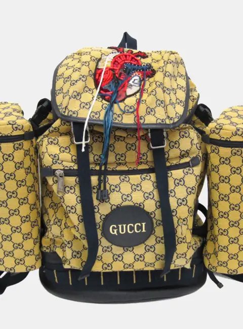 Gucci Alpina Trekking Large Dark Navy Yellow GG Canvas Leather Men's Backpack Bag
