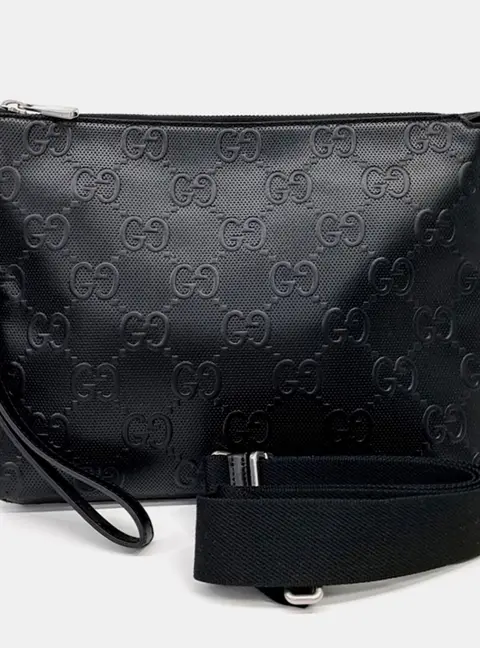 Gucci Black Leather Embossed Clutch and Shoulder Bag
