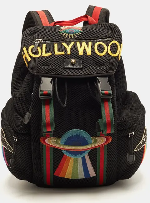 Gucci Hollywood Embroidered Black Mesh Fabric Backpack