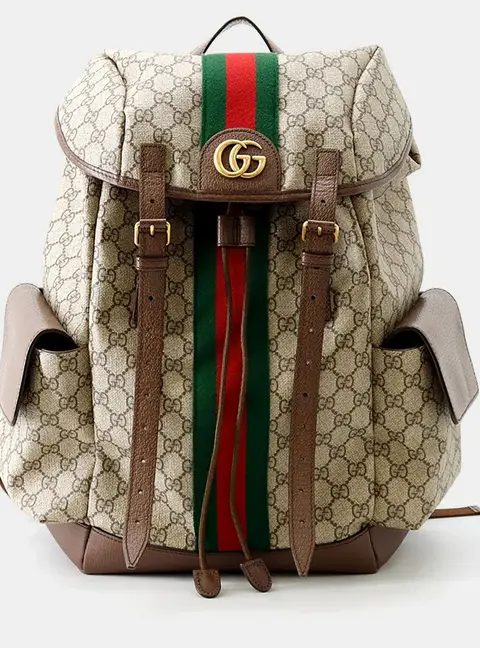 Gucci Ophidia Medium Beige/Ebony Monogram Canvas Brown Leather Backpack Bag