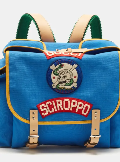 Gucci Kids Sciroppo Patch Blue/Yellow Canvas and Leather Backpack