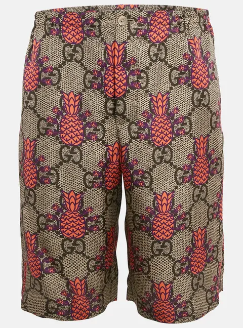 Gucci Brown/Pink Pineapple GG Print Silk Shorts M