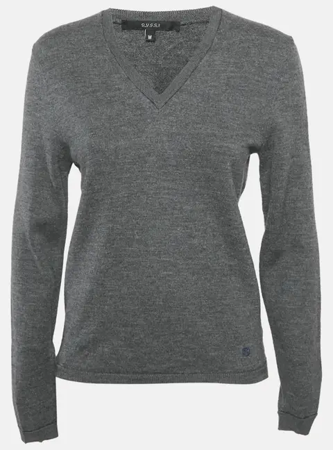 Gucci Grey Wool V-Neck Long Sleeve Sweater M