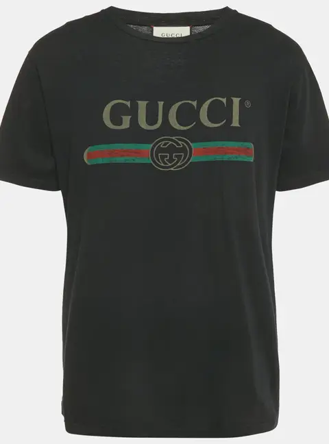 Gucci Black Logo Print Distressed Cotton Crew Neck T-Shirt S