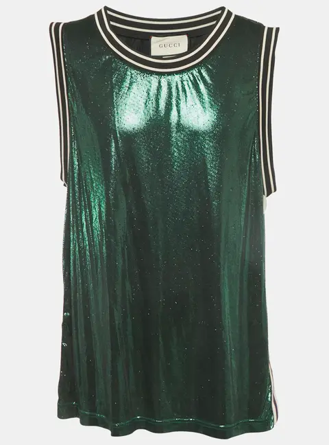 Gucci Green Metallic Glossy Jersey Sleeveless T-Shirt XXL