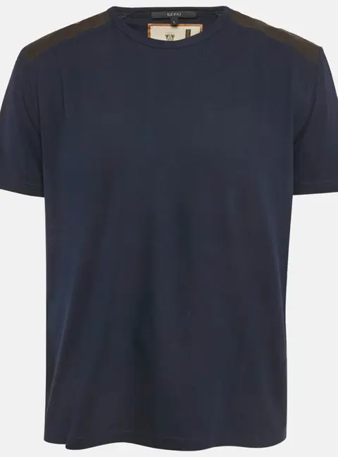 Gucci Blue Leather Shoulder Trim Jersey T-Shirt L