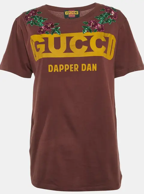 Gucci Dapper Dan Brown Logo Print Jersey Sequin T-Shirt XS