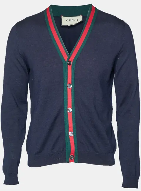 Gucci Navy Blue Web Trim Wool Knit Cardigan S