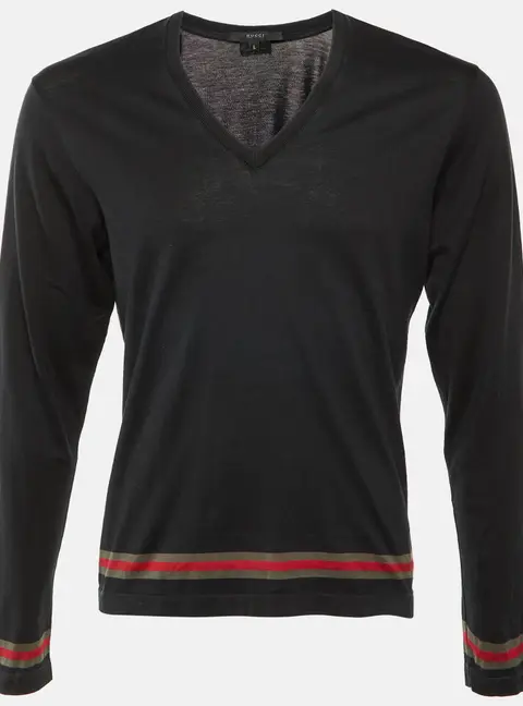 Gucci Black Cotton Web Striped V-Neck Long Sleeve T-Shirt L