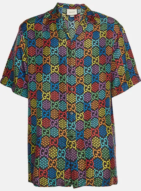 Gucci Multicolor Psychedelic Logo Print Silk Bowling Shirt L