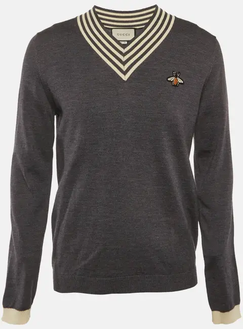 Gucci Grey Wool Knit Bee Applique V-Neck Sweater L