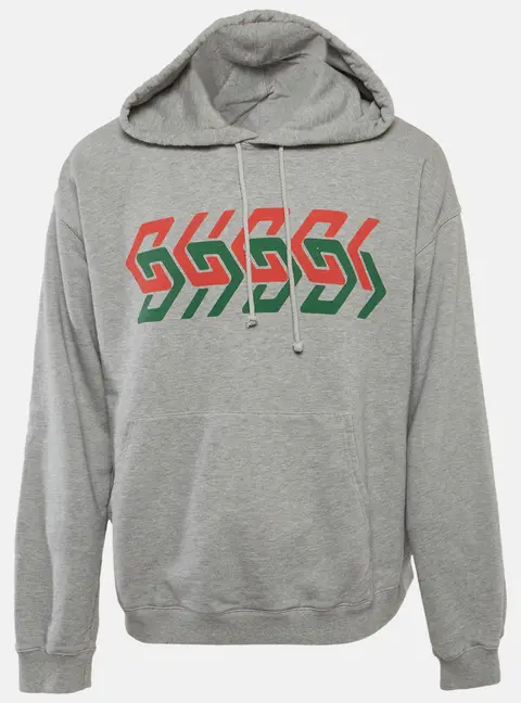 Gucci Grey Logo Print Cotton Knit Hoodie L