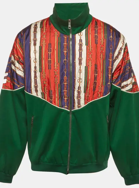 Gucci Green Belt Print Satin and Jersey Technical Jacket L
