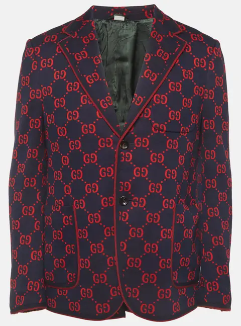 Gucci Navy Blue/Red GG Jacquard Knit Blazer L