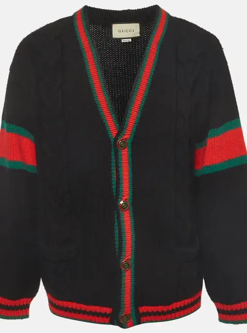 Gucci Black Web Accent Wool Cable Knit Oversized Cardigan XL