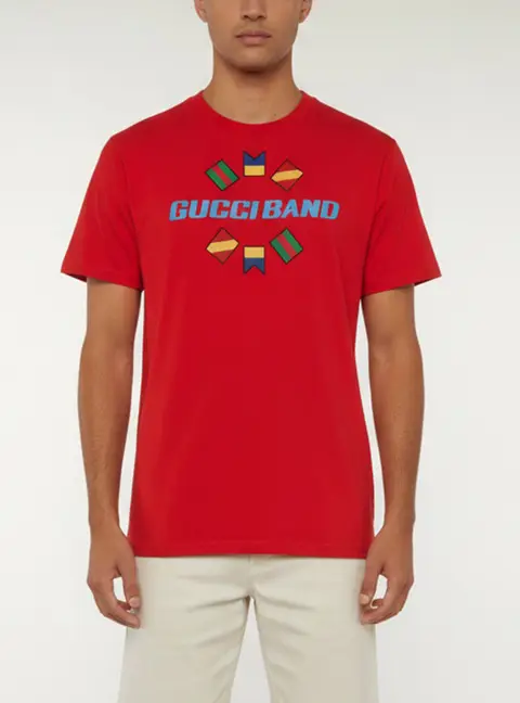 Gucci Red Gucci Band Graphic Embroidered Jersey T-Shirt S