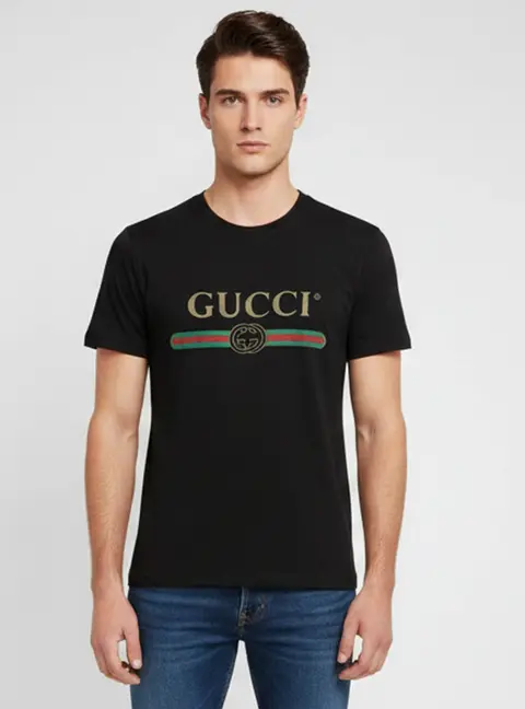 Gucci Black Logo Print Distressed Jersey Crew Neck T-Shirt S