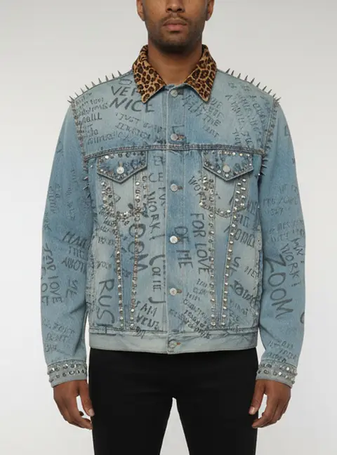 Gucci Blue Scribbled Writing Print Denim Studs Detail Jacket L