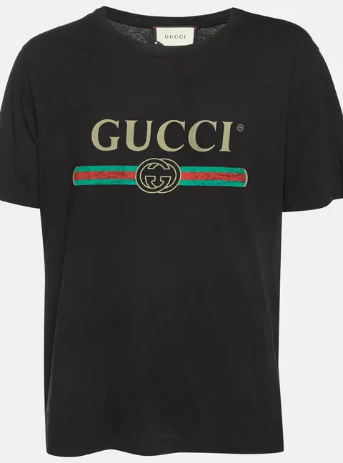 Gucci Black Logo Graphic Distressed Jersey T-Shirt XL