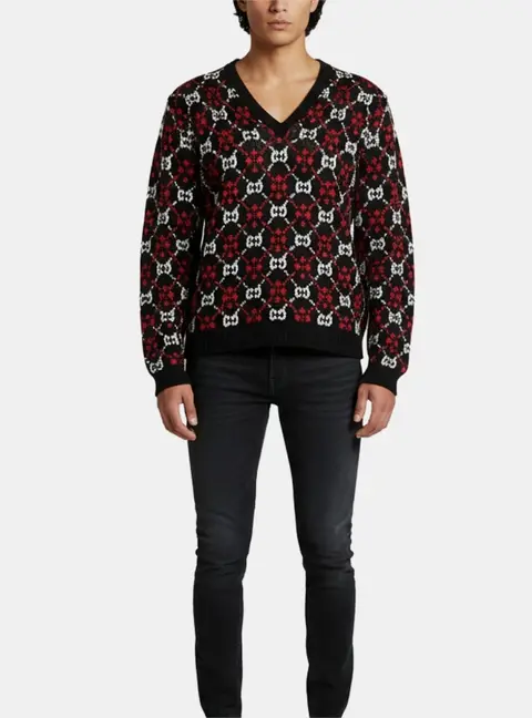 Gucci Black/Red Diamond Monogram Knit V-Neck Jumper L