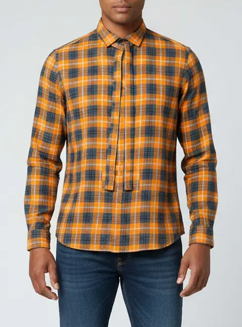 Gucci Orange/Grey Checkered Flannel Neck Tie Shirt L
