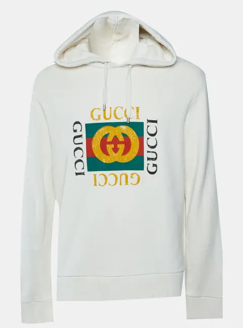 Gucci Cream Vintage Logo Print Cotton Distressed Hoodie XL