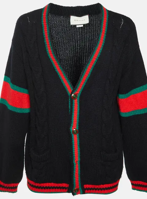 Gucci Black Web Accent Cable Knit Oversize Cardigan XL