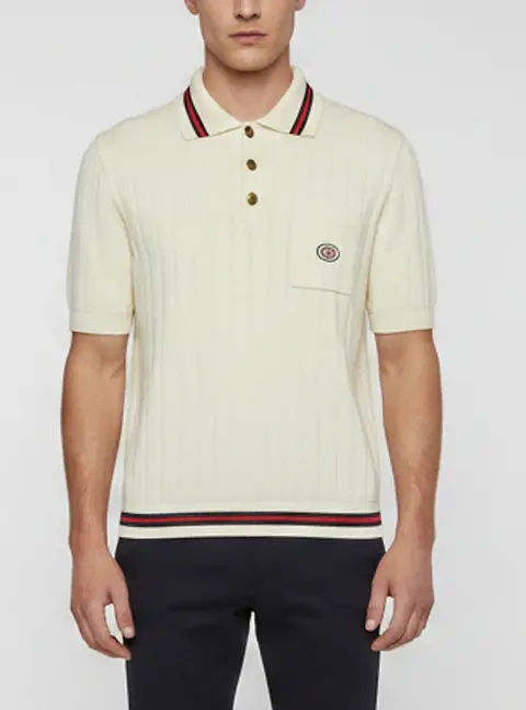 Gucci Cream Web Striped Cotton Knit Polo Shirt M