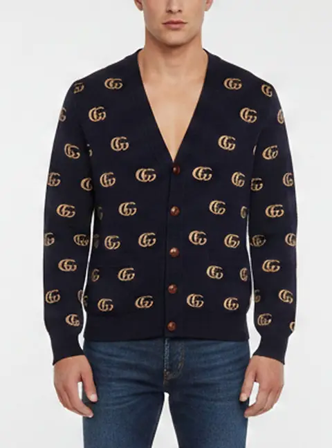 Gucci Navy Blue Monogram Long Sleeve Button Front Cardigan S