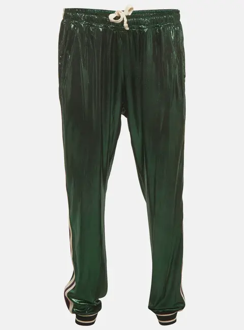 Gucci Metallic Green Logo Striped Laminated Jersey Joggers XXL