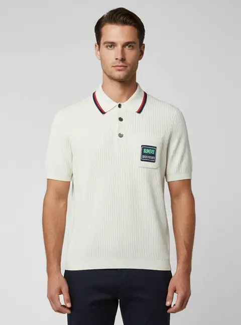 Gucci Ivory Cotton Knit Stripe Detail Polo T-Shirt L