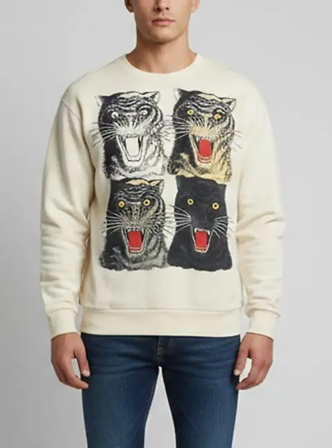 Gucci Beige Tiger Head Graphic Print Cotton Knit Oversized Sweatshirt L