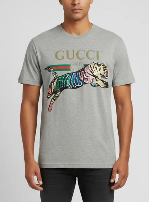 Gucci Grey Logo Print Embellished Tiger Jersey Crewneck T-Shirt XS